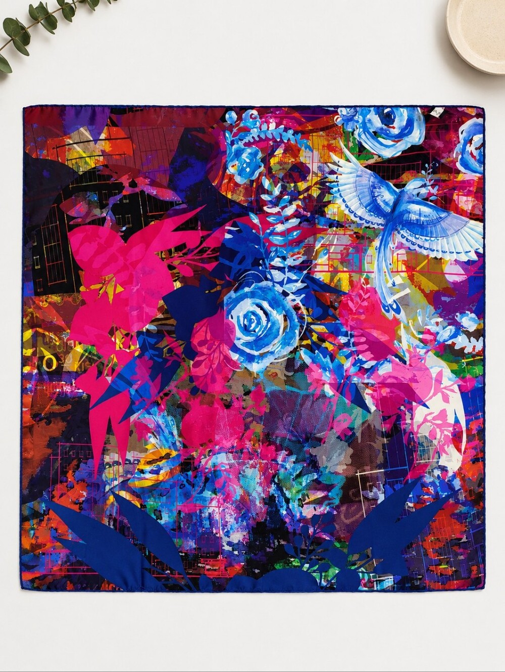 Lily Mulin 100% Silk Square Scarf Colorful Floral Bird Print Multicolor